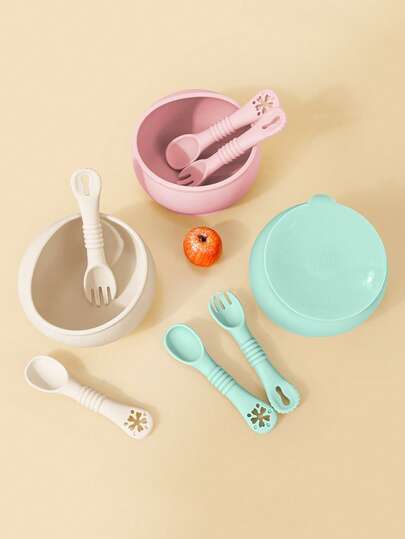 3pcs Silicone Baby Feeding Set, Silicone Bowl With Suction, Silicone Spoon Fork, Kid Tableware Set, First Feeding Essentials, Outdoor Tableware For Camping Children Gifts