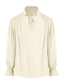 Men's Halloween Pirate Costume Medieval Ruched Shirt, Steampunk Victorian Cosplay Gothic Renaissance Viking Top, Fall, Long Sleeve Top - Apricot - View 1