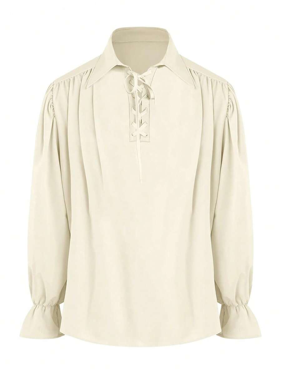 Men's Halloween Pirate Costume Medieval Ruched Shirt, Steampunk Victorian Cosplay Gothic Renaissance Viking Top, Fall, Long Sleeve Top - Apricot - View 1
