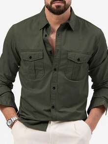 Men's Green Business Casual Long Sleeve Shirt, Solid Color Versatile Long Sleeve Dress Shirt, Fall
