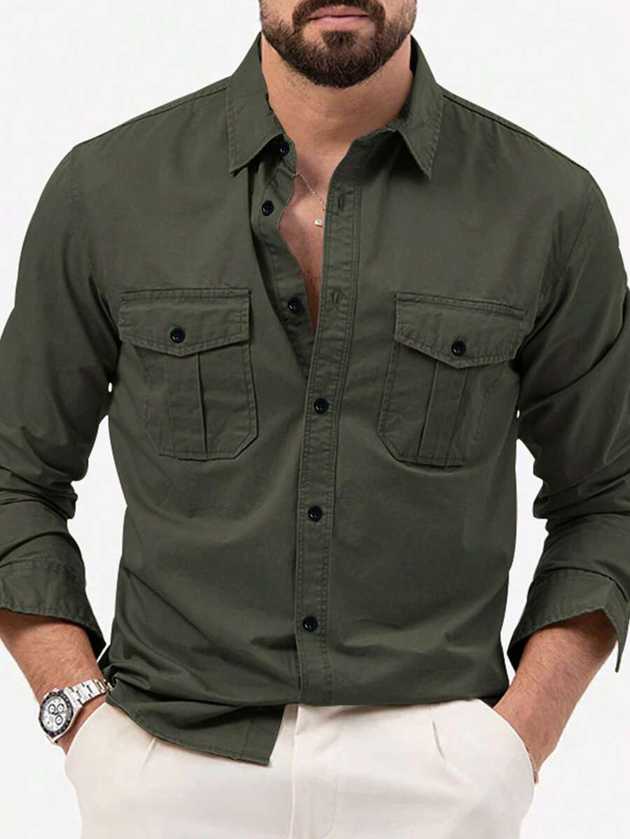 Men's Green Business Casual Long Sleeve Shirt, Solid Color Versatile Long Sleeve Dress Shirt, Fall