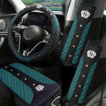 4 件皇冠水钻汽车内饰配件套装，包含 14.96 英寸方向盘套、安全带肩垫、扶手箱垫，采用耐用 PU 皮革制成 - 均碼 - 查看 22