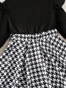 女婴法式优雅套装（2件套）：黑白千鸟格连衣裙+黑色荷叶边袖上衣+发带，0-5岁针织条纹连衣裙，日常穿着及拍照服装，2025春秋新款 - 黑色 - 查看 8