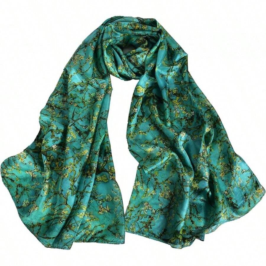 100% Mulberry Silk Scarf For Women Lightweight Long Scarves Beach Wraps Cover Up -Travel Photography Scarfhalloween - 綠色 黃色 - 查看 1