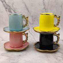 125ml Ceramic Coffee Cup & Saucer Set, Gold Bow Decor, Household Party Gift, Suitable For Drinking Coffee, Tea, Afternoon Tea, Electroplated In Various Colors