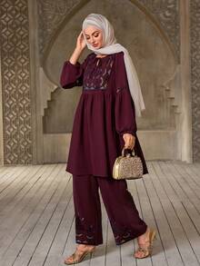 New Women's 2 Pieces ABAYAS Set, Muslim Long Sleeve Top And High Waist Wide Leg Pants, Elegant Solid Color V-Neck Pullover, Rainbow Crystal Pattern, Casual Outfit For Outdoor And Work, Suitable For All Seasons