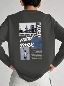 Tween Boy 图案印花圆领长袖 T 恤，秋冬上衣 - 深灰色 - 查看 6