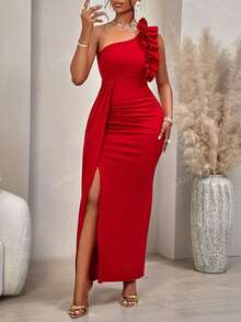 2024 Autumn & Winter Women's Solid Color Asymmetrical Shoulder Ruffle Trim Ruched Design Sleeveless Elegant Charm Slit Dress For Party ,Dating, Single Party, Formal Dinner Or Gala Event,Valentines Day