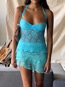 Women's Y2K Sexy Halter Tank Tops Slim Fit Lace See Through Backless Tie Up Sleeveless Vests Summer Going Out Crop Tops Streetwear Clubwear - 藍色 - 查看 3