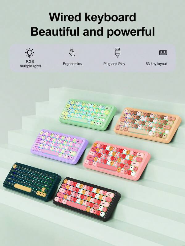 1 قطعة لوحة مفاتيح لاسلكية RGB 63 مفتاح، مجموعة لوحة مفاتيح وماوس لاسلكية - لوحة مفاتيح رجعية بأزرار مستديرة 2.4 جيجاهرتز كاملة الحجم USB لوحة مفاتيح وماوس لاسلكية جميلة للكمبيوتر والكمبيوتر المكتبي والكمبيوتر المحمول