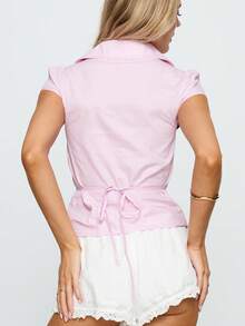 Women Y2k Button Down Shirt Top Tie Back Blouse Cap Sleeve Lapel Ruched Front Slim Fit T Shirts Crop Tops Summer Casual Going Out Tops Vintage Aesthetic Clothes Retro Blouse Streetwear - Hồng - Xem 2