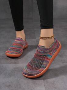 女士极简主义赤脚运动鞋 - 宽版彩色透气针织面料一脚蹬圆头休闲鞋，减震橡胶鞋底，适合所有季节的舒适休闲鞋，时尚一脚蹬设计，灵活穿着