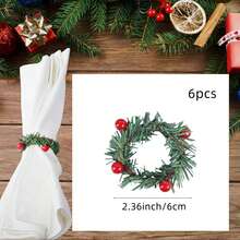 6/12 Pcs Christmas Napkin Rings Holly Berry Napkin Buckle Needles Wreath Pines Red Berries Candle Ring Wreath Holder For Xmas Birthday Wedding Thanksgiving Party Banquet Table Decorations