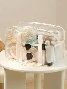 1 pieza Bolso de playa de gelatina transparente resistente al agua y a las manchas con capacidad ultra grande, bolsa organizadora transparente para maquillaje, artículos de tocador, artículos de baño, ropa, libros y gadgets tecnológicos, ideal para el hogar, viajes, dormitorio y en movimiento, viajes a la playa, vacaciones de primavera, vacaciones de verano, junto a la piscina y picnics, regalo ideal para el Día de la Madre y la graduación, versátil para el uso diario para cosméticos, cuidado de la piel, accesorios, documentos de viaje y almacenamiento de dispositivos - Beis - Ver 2