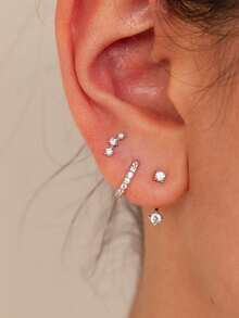 3/6pcs Fashion Silver Cubic Zirconia Simple Stackable Detachable Women Earrings, Golden - Silver - View 10