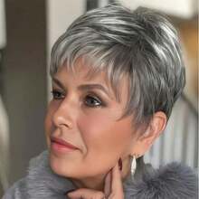 Elegant Pixie Cut Wig With Bangs For Women - Grey Color, 180% Density, Pre-Plucked Brazilian Human Hair, Glueless Layered Style, Versatile Styling & Trimming - 灰 - 查看 3