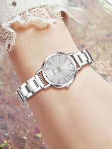 2PCS Silvery Alloy Strap Women's Watch Set Fashionable Elegant Simple Quartz Watch Bracelet Jewelry Set Perfect Gift For Her