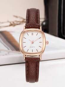 1 件女士棕色 PU 皮革表带时尚条形刻度表盘休闲简约风格石英手表，适合日常佩戴 - 棕色 - 查看 3