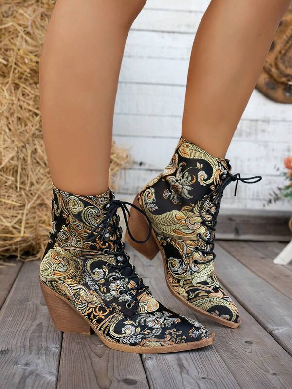 2025 Herbst/Winter Neue Ankle Boots, modische bohemian-vintage bestickte bedruckte Schnürstiefel mit Blumenmuster und Plateauabsatz, stilvolle Kurzstiefel geeignet für Weihnachten, Dates, Einkaufen, Pendeln, Partys