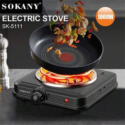  SOKANY 1000W 便携式电磁炉，5 档温度设置，不锈钢面板，加热指示灯，内置温度控制，过热保护。适用于所有炊具，非常适合房车/家庭/露营/公寓/实验室使用。