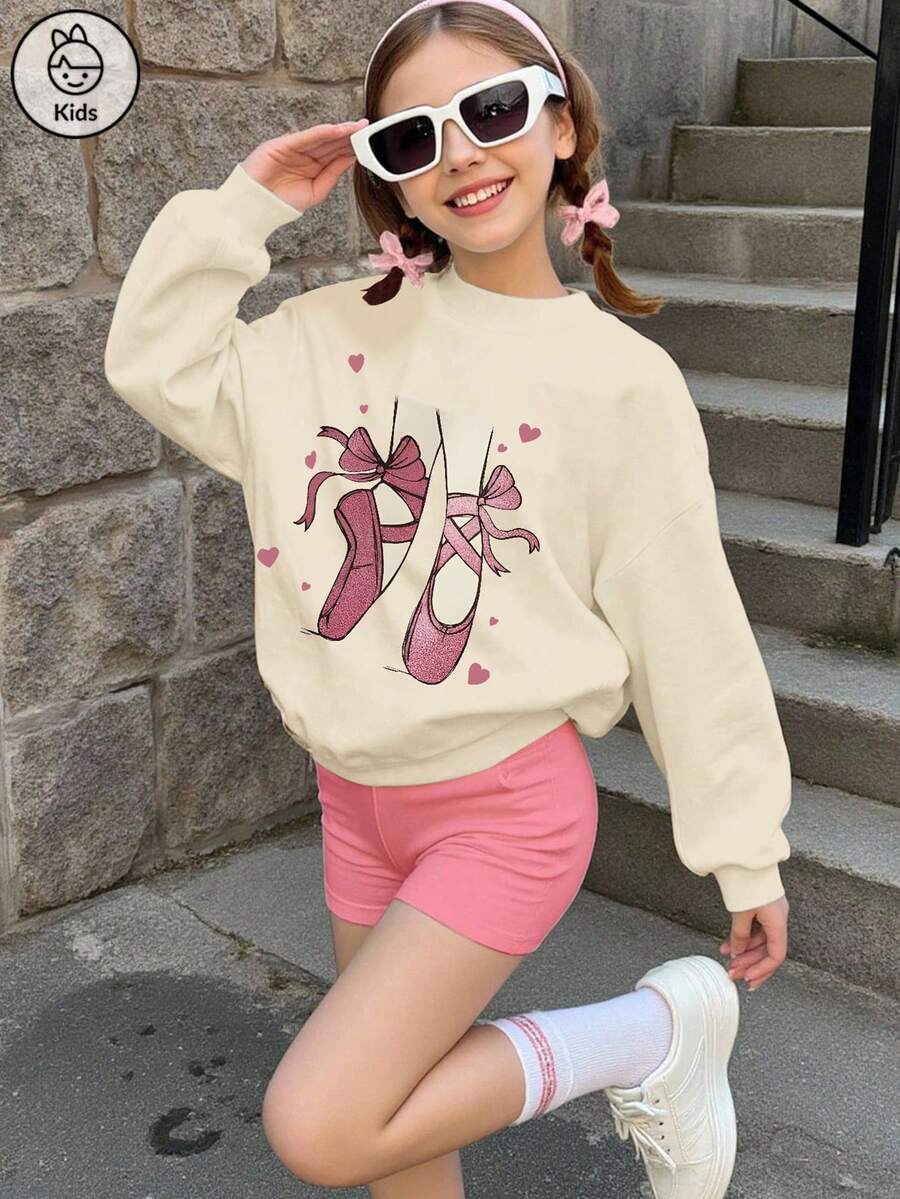 Tween 女童宽松百搭设计小众芭蕾印花圆领宽松毛衣秋冬长袖打底衫杏色上衣 - 杏色 - 查看 1