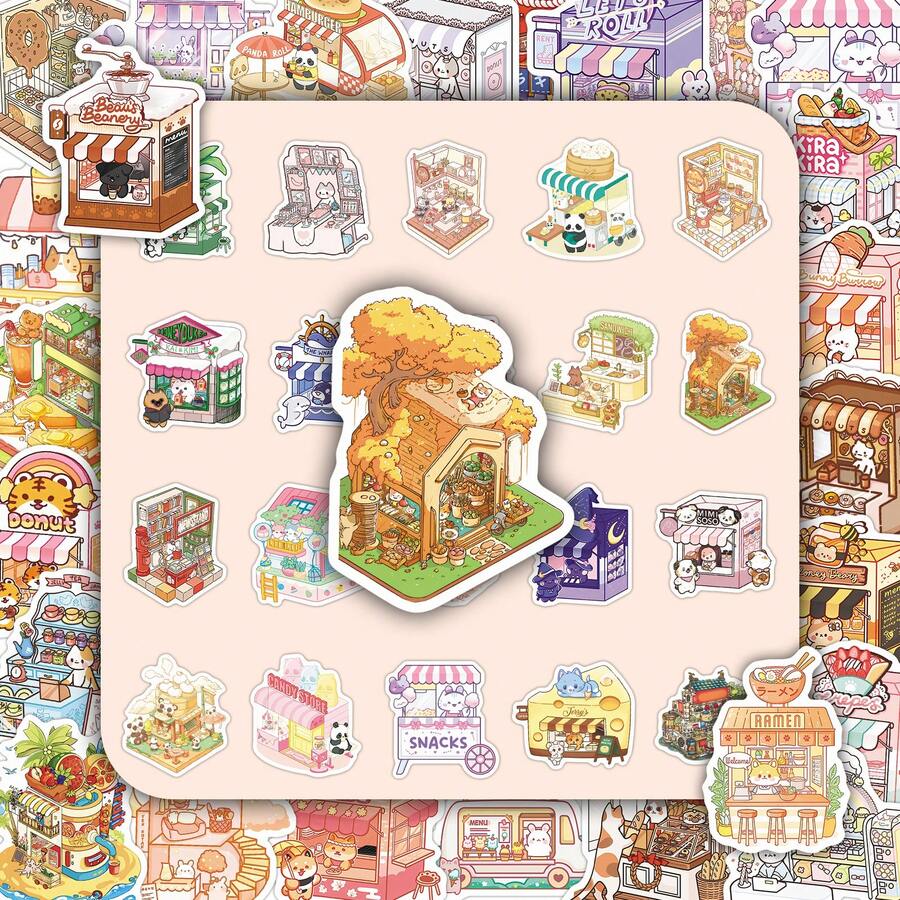 50 件可爱动物和卡通食物贴纸,冰箱、花瓶装饰贴花,DIY - 彩色 - 查看 1