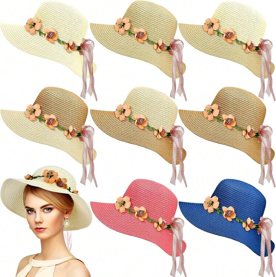 8 Pcs Tea Party Hat Bulk Women Flower Lace Ribbon Wide Brim Hats Fancy Straw Hat With Flowers Caps Fascinator Hats Tea Party Birthdays Supplies Multicolor - 1 - 查看 1