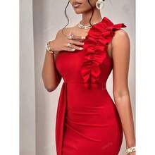 2024 Autumn & Winter Women's Solid Color Asymmetrical Shoulder Ruffle Trim Ruched Design Sleeveless Elegant Charm Slit Dress For Party ,Dating, Single Party, Formal Dinner Or Gala Event,Valentines Day