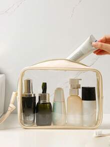1 pieza Bolsa de aseo transparente impermeable, de gran capacidad y portátil para maquillaje, viajes al aire libre, natación, adecuada para guardar ropa interior, toallas, ropa en la maleta; tamaño mediano para cosméticos, lápiz labial; tamaño pequeño para cargadores, lápiz labial, fácil de llevar en el equipaje - Beis - Ver 1