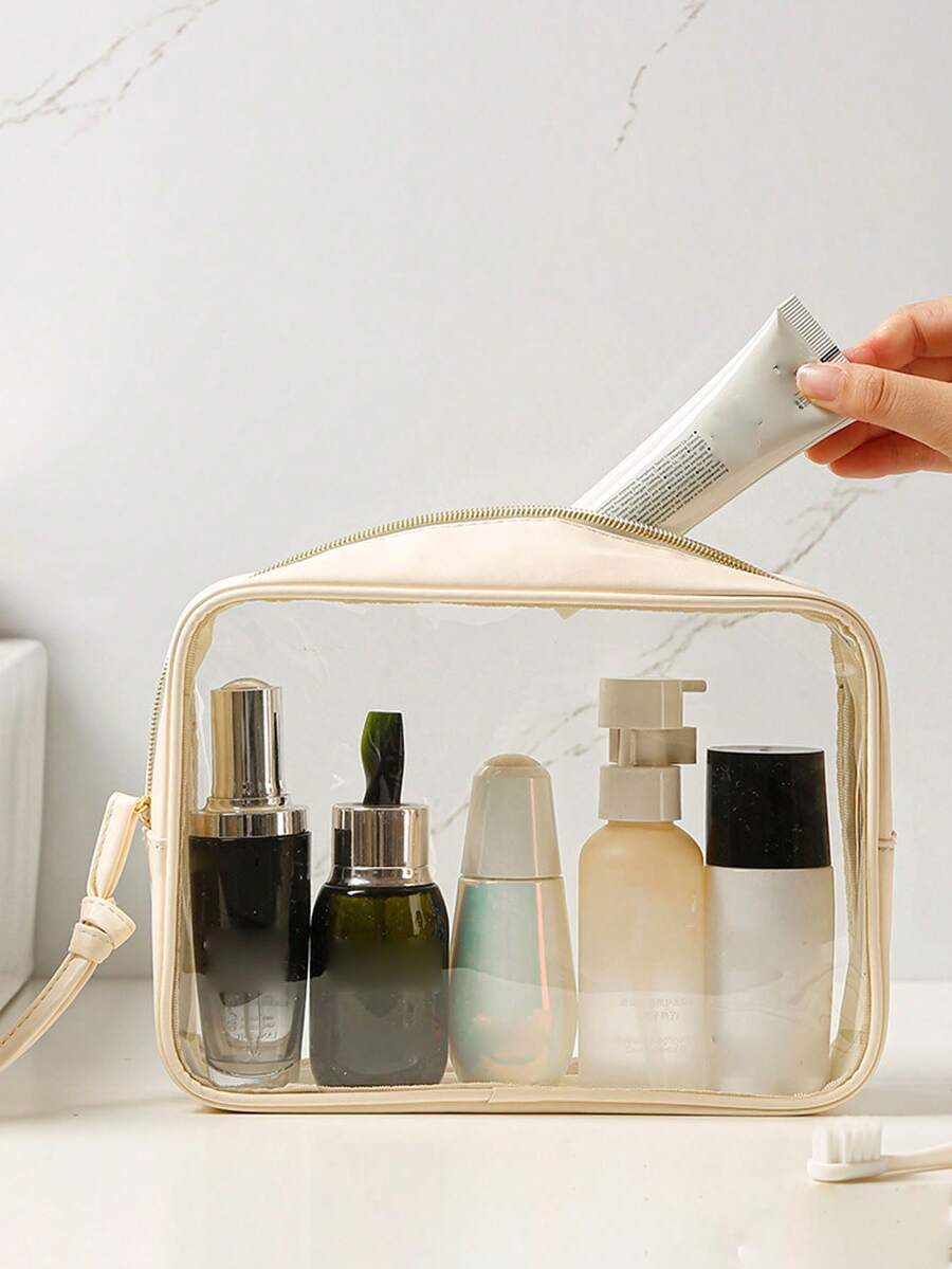 1 pieza Bolsa de aseo transparente impermeable, de gran capacidad y portátil para maquillaje, viajes al aire libre, natación, adecuada para guardar ropa interior, toallas, ropa en la maleta; tamaño mediano para cosméticos, lápiz labial; tamaño pequeño para cargadores, lápiz labial, fácil de llevar en el equipaje - Beis - Ver 1