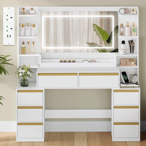 Hzuaneri Dressing Table With Mirror, Vanity Desk, Adjustable 3-Colour LED Lights, Makeup Desk With Plug, Hairdryer Holder, 8 Drawers, Open Storage Spaces, 40 * 135 * 145.2 Cm, Modern, White
