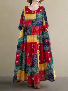 AZAH 上衣2025秋季新款圆领长袖褶皱宽松连衣裙女板裙波西米亚休闲度假沙滩裙打底裙一体裙秋季长裙 - 彩色 - 查看 6