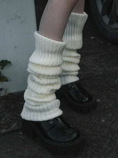 1 Pair Women's Solid Vertical Striped Leg Warmers, Thin Design Suitable For Spring, Autumn, Winter, Cozy Socks