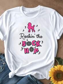 Women's-Shirt Casual Round Neck Black White Options Rockin' Sock Hop Graphic Print Summer Daily Wear Shirts Summer Tops Graphic Tees Summer Outfits Women Graphic Tees Women Crop Tops Tops Women Vintage Cotton Cute Clothes Women - trắng - Xem 2