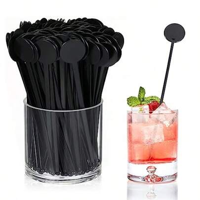 200 Pcs Cocktail Stirrers 7.3 Inches Black Drink Stirrers Disposable Swizzle Sticks For Drinks Plastic Disc Top Mixing Rod For Coffee Milk Whiskey Beverage Bar
