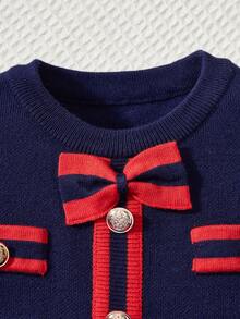 Girls' Sweater Dress, Fashionable Elegant British Style Contrast Color Bow Fake Pocket Round Neck Long Sleeve Princess Dress, Suitable For 3-11 Years Old Girls, A-Line Pleated Skirt, Warm Knitted Dress For Autumn/Winter - Navy Blue - View 2