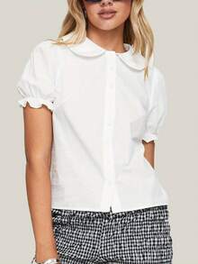 Women's Summer Button Down Blouses Casual Stylish Solid Doll Collar Bubble Short Sleeve Tops - trắng - Xem 1