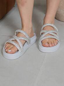 Women's  Platform Sandal With Shiny Rhinestone Straps, Lightweight And Comfortable, Blogger - White X Bright - View 2