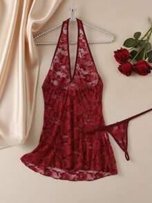 2 piezas Lencería sexy para mujer Vestido mini transparente de cuello halter, adecuado para citas románticas y ocasiones especiales, rave