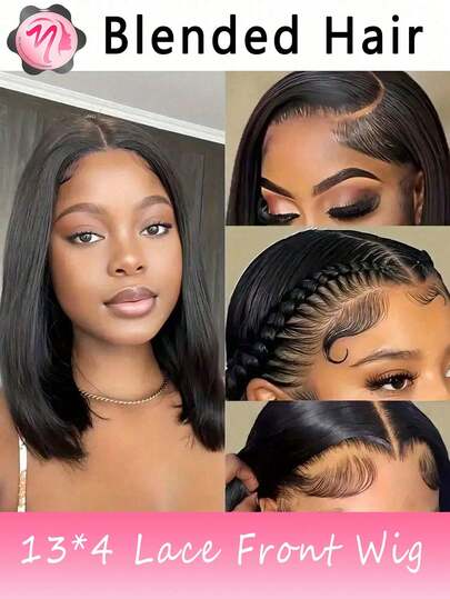 Pelucas mezcladas: una mezcla de cabello humano mezclado y sintético, 13*4 frente de encaje de cabello humano mezclado con bob alrededor del cabello del bebé, color negro natural, densidad del 180%, línea del cabello natural pre-planchado, pre-cortado, pre-tirando, encaje transparente adecuado para todas las personas, no se enreda fácilmente para reuniones diarias y uso (pelucas bob de 6-16 pulgadas) cabello mezclado