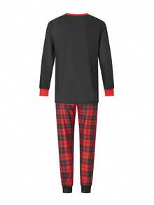 Christmas Family Pajamas Matching Set Letter Santa Hat Print Long Sleeve Tops And Plaid Pants Sleepwear - Black - View 5