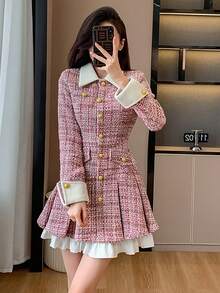 RUIWY 女士秋冬加厚二合一收腰迷人褶皱纽扣中长连衣裙，甜美时尚 - 粉色 - 查看 6