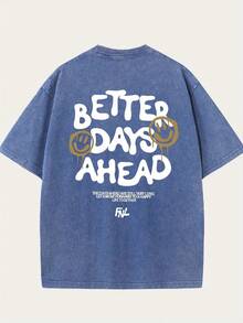 Better Days Ahead Graphic Print Vintage Washed High Quality Cotton Patterned-Shirt Men's-Shirt Old Summer Clothing Drop Shoulder Sleeve Round Neck Tops Short Sleeve - 寶藍色 - 查看 2