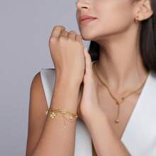 1 buc. Brățară de damă placată cu argint S925, aur de 18K, cu pandantiv în formă de trifoi cu patru foi, accente de inimă și mărgele, lanț reglabil, bijuterie norocoasă și la modă, cadou excelent