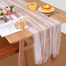 10 英尺白色薄纱蕾丝桌布，婚礼桌旗，珍珠装饰，适用于新娘送礼会、生日派对、婚礼拱门、甜点桌装饰，32 x 118 英寸 - 白色 - 查看 3