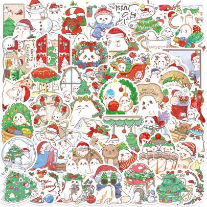 50 stuks kerststickers met geesten, vinylstickers, plakboek, dagboek, laptop, bumper, skateboard, waterflessen, computer, telefoon, cartoon, bouwvakker en autostickers