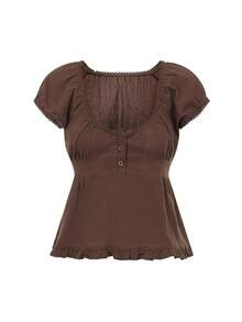 Women Y2k Fairycore Babydoll Shirt Top Plaid/Solid Color Lace Trim V-Neck Short Sleeve Button Front Ruffle Hem Gingham T Shirts Crop Tops Teen Girls Grunge Going Out Tunic Tops Cute Flowy Tee Vintage Aesthetic Clothes Casual Daily Streetwear - 咖啡棕 - 查看 3