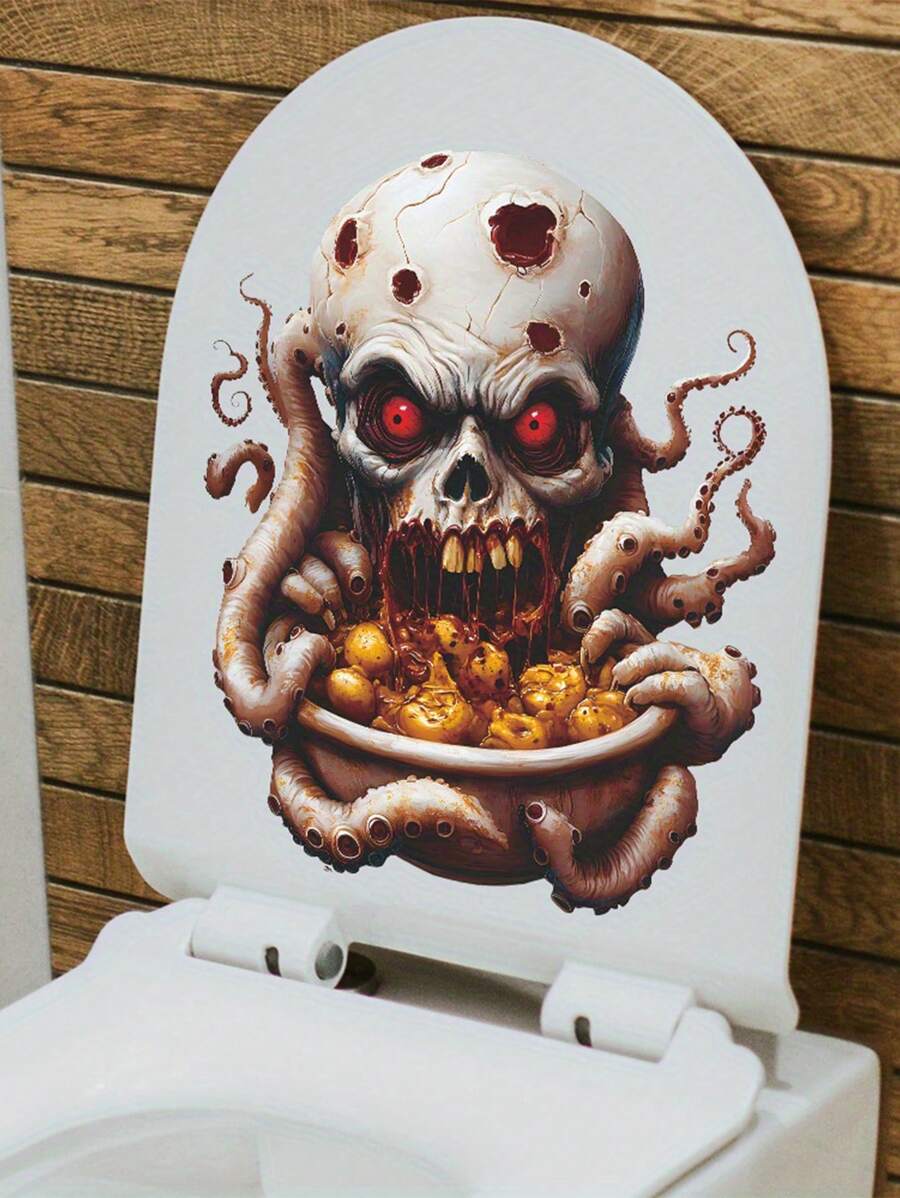 1 Piece Halloween Toilet Sticker, Spooky Skeleton Octopus And Scary Pumpkin Design, Creepy Bathroom Decor, Halloween Bathroom, Seasonal Decor, Cartoon Horror Theme, Easy To Apply, Halloween Decoration, Playful Horror