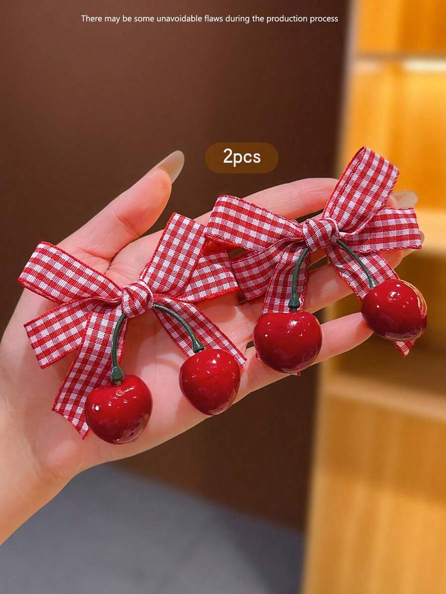 2 piezas Pasadores de cabello con lazo de cereza roja, estilo dulce para uso diario - Rojo - Ver 1