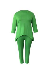 Plus Size Women's Fashionable Two-Piece Suit, Short Top In Front And Long Back Solid Color Trousers Suit, Casual Two-Piece Suit - Green - View 3